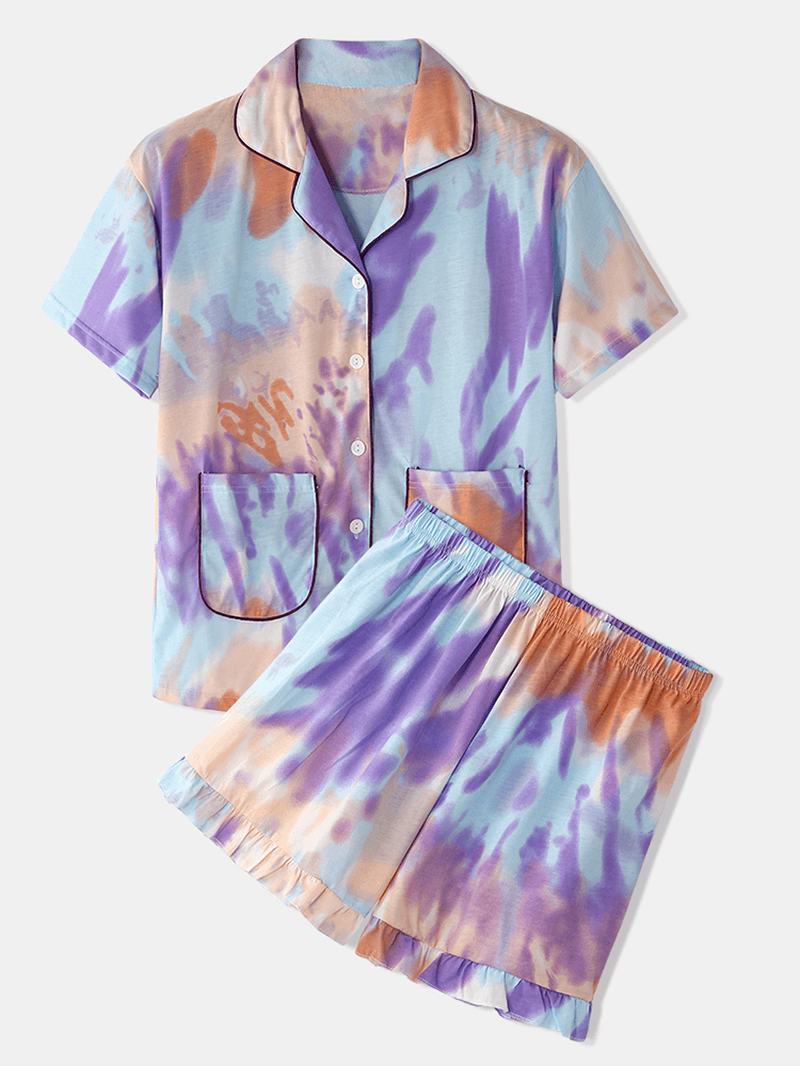 Kobiety Tie Dye Button Up Pocket Revere Collar Z Krótkim Rękawem Domowy Zestaw Piżamy