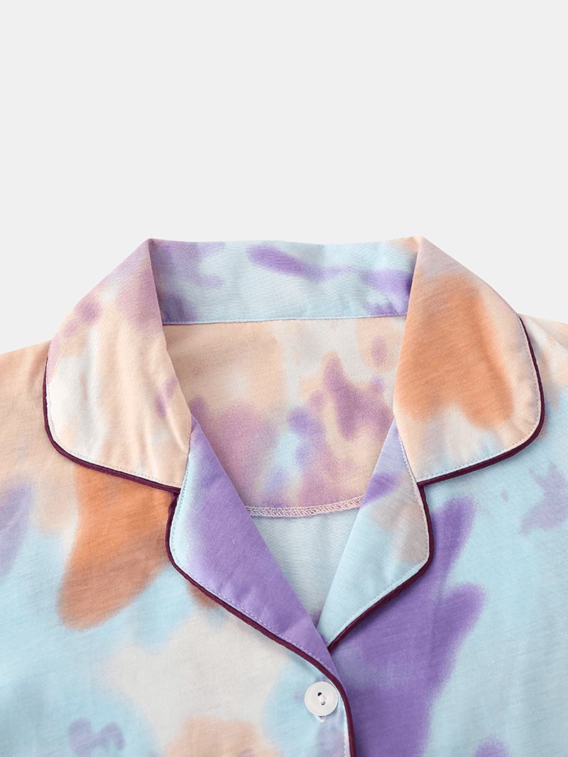 Kobiety Tie Dye Button Up Pocket Revere Collar Z Krótkim Rękawem Domowy Zestaw Piżamy