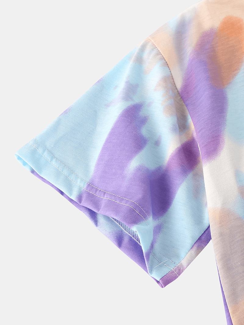 Kobiety Tie Dye Button Up Pocket Revere Collar Z Krótkim Rękawem Domowy Zestaw Piżamy