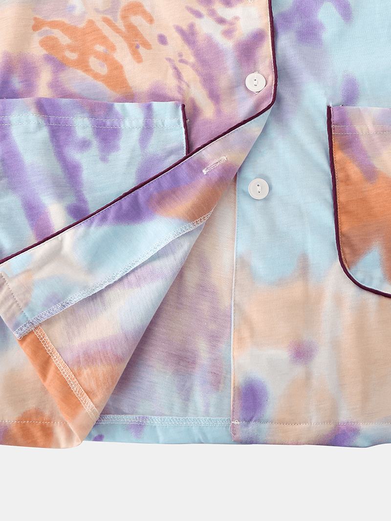 Kobiety Tie Dye Button Up Pocket Revere Collar Z Krótkim Rękawem Domowy Zestaw Piżamy