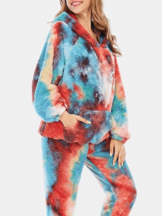 Kobiety Tie Dye Fleece Kangaroo Kieszeń Z Kapturem Spodnie Home Sleepweat Casual Piżama Set