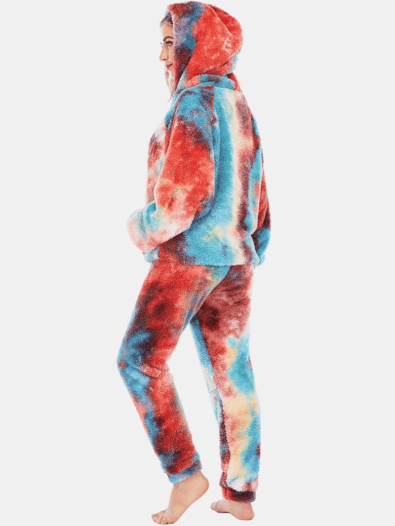 Kobiety Tie Dye Fleece Kangaroo Kieszeń Z Kapturem Spodnie Home Sleepweat Casual Piżama Set