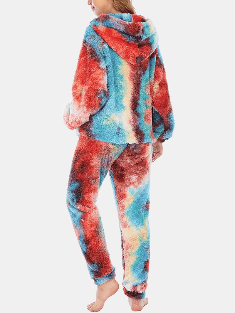 Kobiety Tie Dye Fleece Kangaroo Kieszeń Z Kapturem Spodnie Home Sleepweat Casual Piżama Set