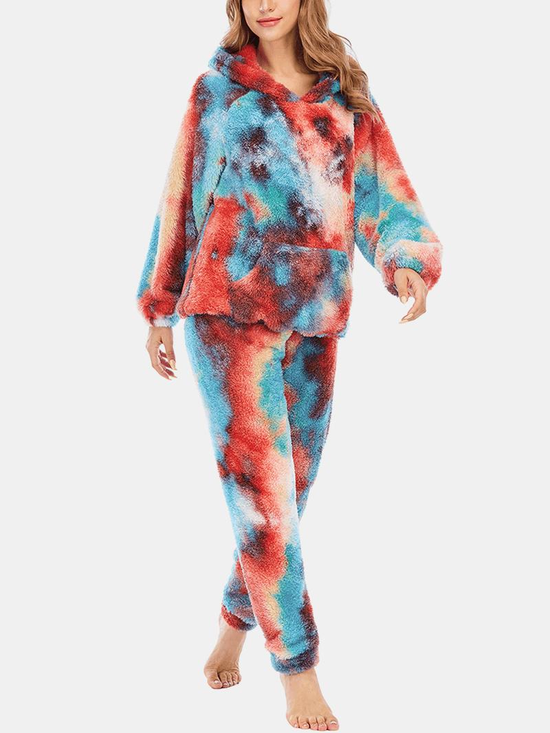 Kobiety Tie Dye Fleece Kangaroo Kieszeń Z Kapturem Spodnie Home Sleepweat Casual Piżama Set