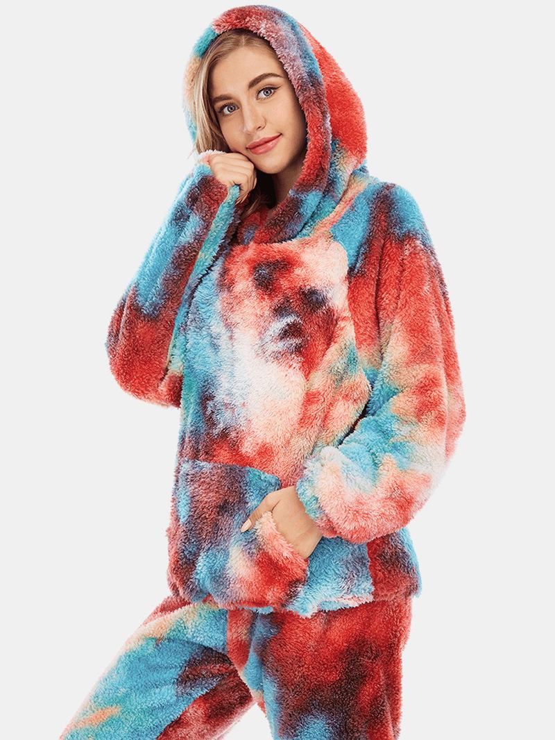 Kobiety Tie Dye Fleece Kangaroo Kieszeń Z Kapturem Spodnie Home Sleepweat Casual Piżama Set