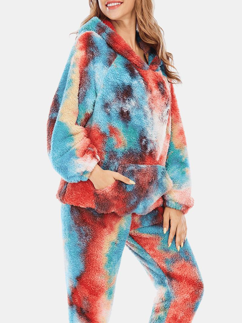 Kobiety Tie Dye Fleece Kangaroo Kieszeń Z Kapturem Spodnie Home Sleepweat Casual Piżama Set