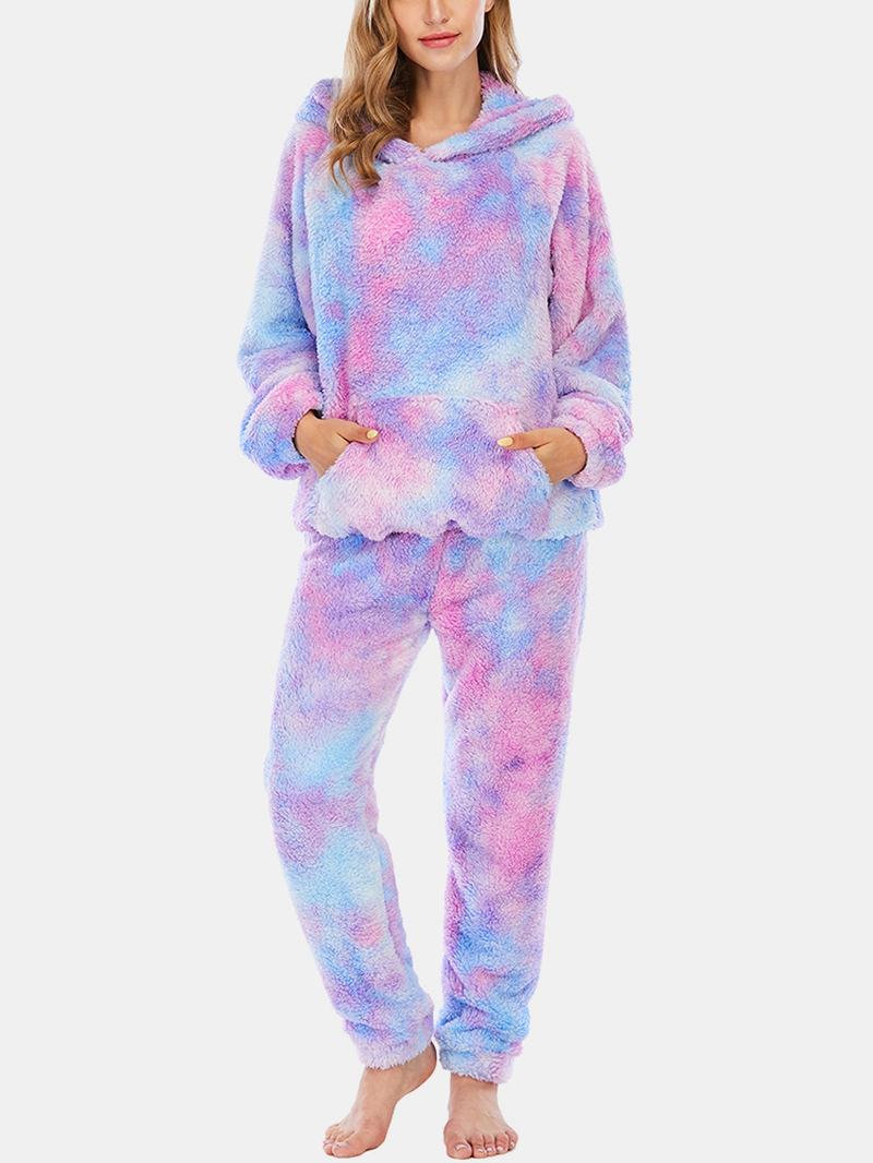 Kobiety Tie Dye Kangur Kieszeń Z Długim Rękawem Polarowa Bluza Z Kapturem Luźne Spodnie Home Miękka Piżama Set