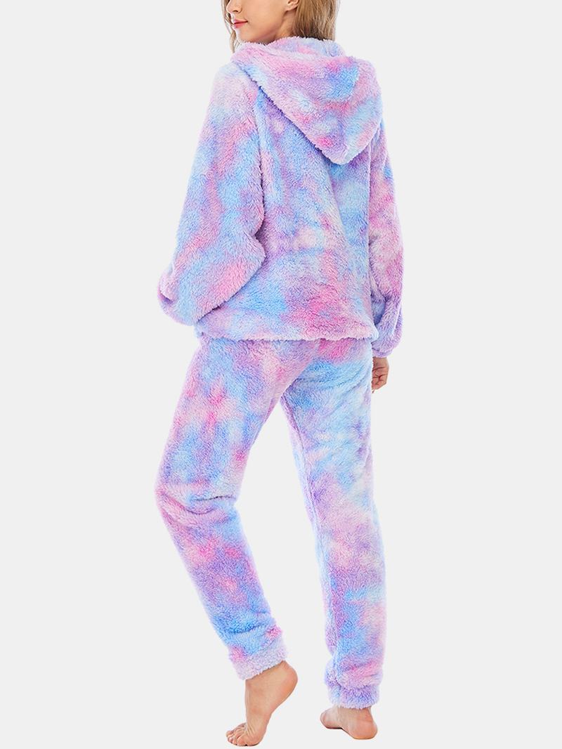 Kobiety Tie Dye Kangur Kieszeń Z Długim Rękawem Polarowa Bluza Z Kapturem Luźne Spodnie Home Miękka Piżama Set