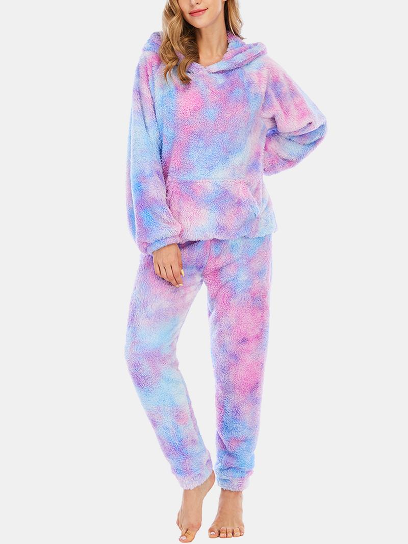 Kobiety Tie Dye Kangur Kieszeń Z Długim Rękawem Polarowa Bluza Z Kapturem Luźne Spodnie Home Miękka Piżama Set