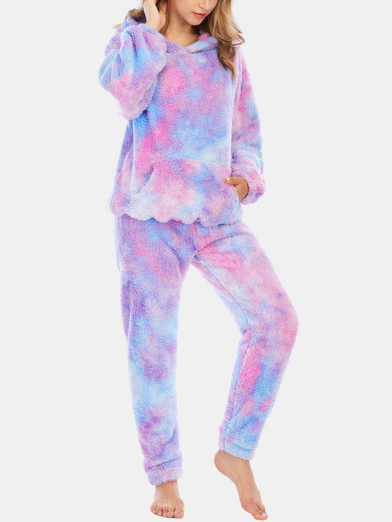 Kobiety Tie Dye Kangur Kieszeń Z Długim Rękawem Polarowa Bluza Z Kapturem Luźne Spodnie Home Miękka Piżama Set