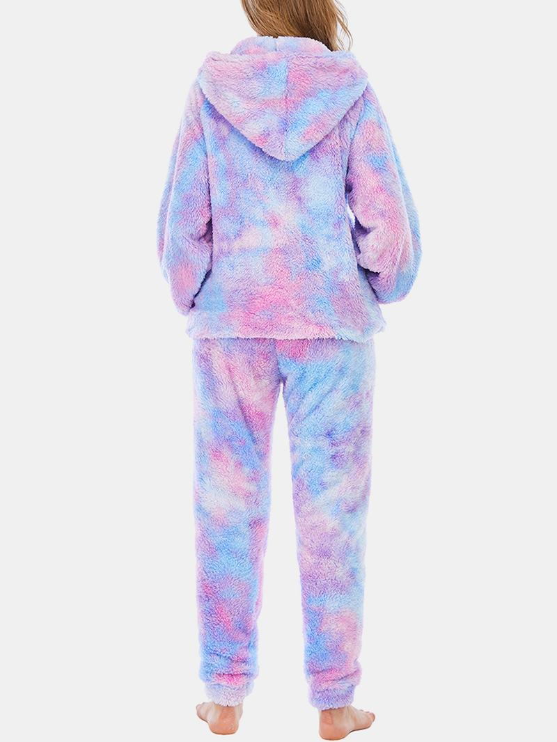 Kobiety Tie Dye Kangur Kieszeń Z Długim Rękawem Polarowa Bluza Z Kapturem Luźne Spodnie Home Miękka Piżama Set