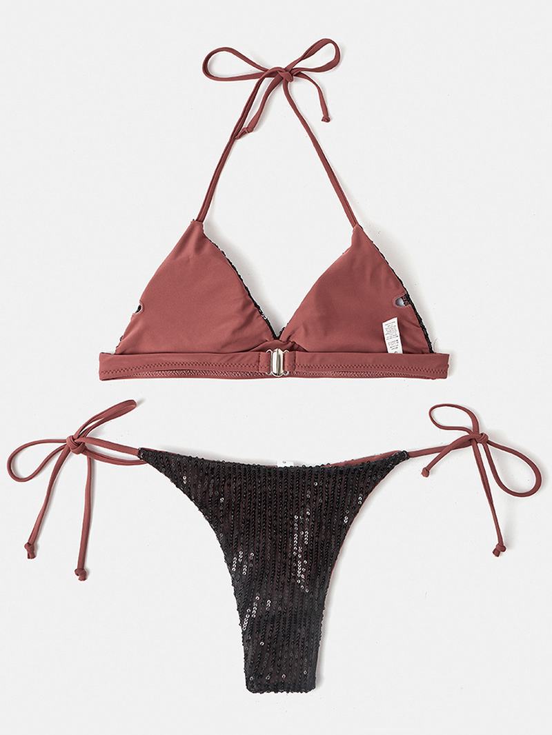 Kobiety Triangle Halter Sequ Jednolity Kolor Backless Bikini String Beachwear