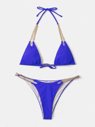 Kobiety Trójkąt Halter String Solid Color Chain Bikini Stroje Kąpielowe Bez Pleców