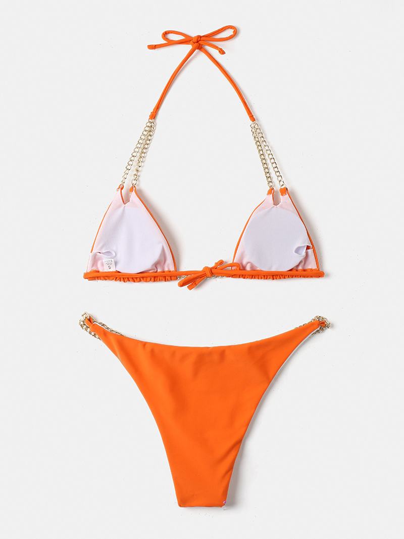 Kobiety Trójkąt Halter String Solid Color Chain Bikini Stroje Kąpielowe Bez Pleców