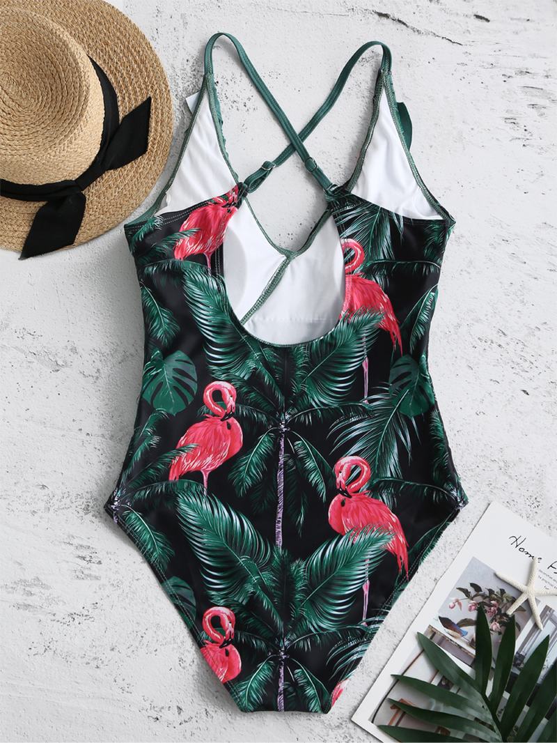 Kobiety Tropikalne Liście Flamingo Drukowanie Ruffles Hawaje Holiday One Piece Patchwork Stroje Kąpielowe