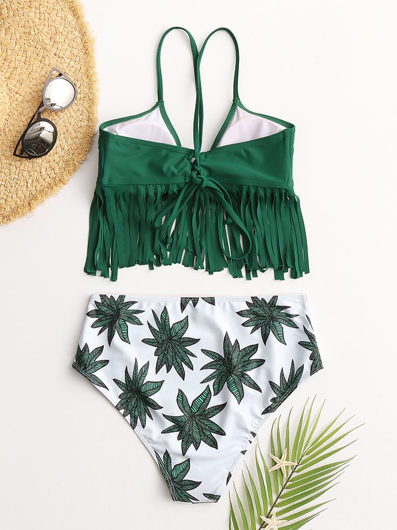 Kobiety Tropikalne Liście Roślin Drukuj Tassel Trim Wysoka Talia Bikini Bandaż Hawaje Casual Stroje Kąpielowe