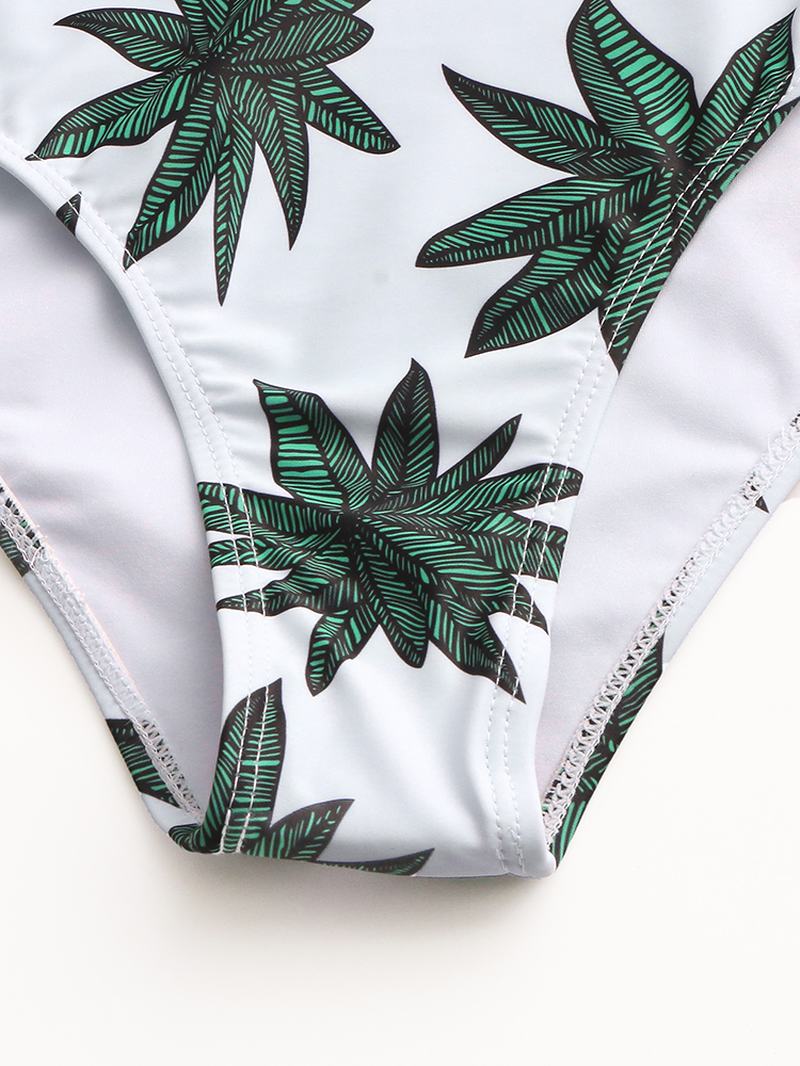 Kobiety Tropikalne Liście Roślin Drukuj Tassel Trim Wysoka Talia Bikini Bandaż Hawaje Casual Stroje Kąpielowe