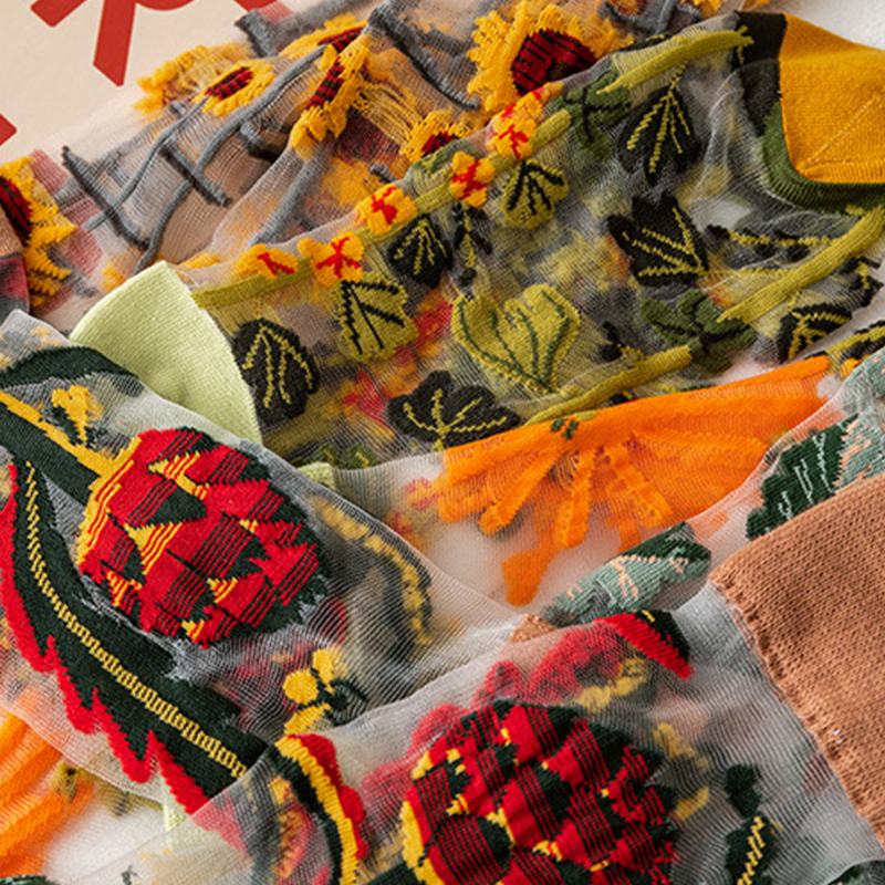 Kobiety Ultra-cienkie Bawełniane Skarpetki Z Kwiatem Słonecznika I Winorośli