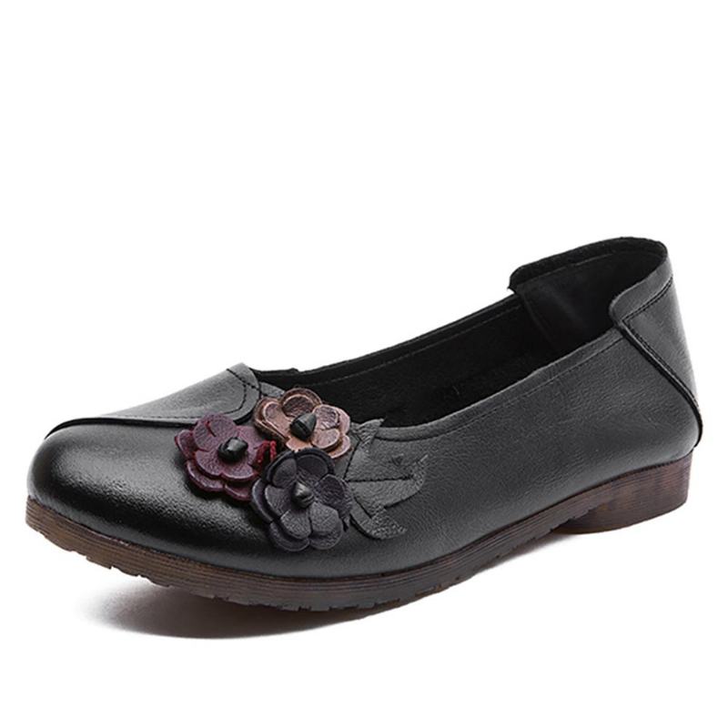 Kobiety Vintage Floral Okrągły Toe Prawdziwej Skóry Miękka Podeszwa Slip On Mieszkania