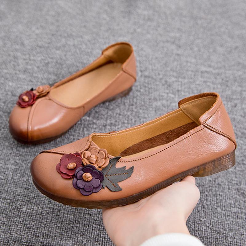 Kobiety Vintage Floral Okrągły Toe Prawdziwej Skóry Miękka Podeszwa Slip On Mieszkania