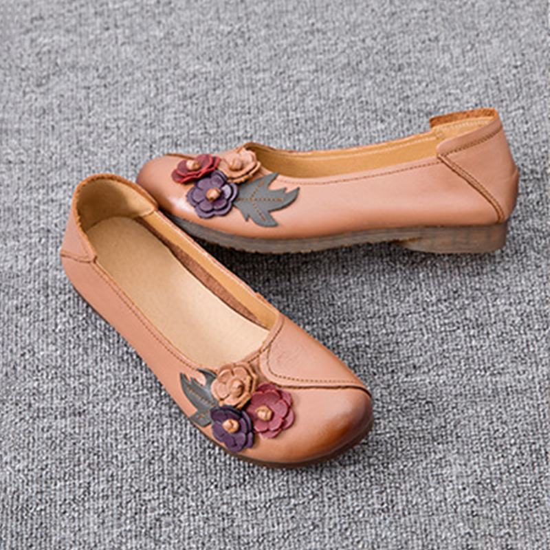 Kobiety Vintage Floral Okrągły Toe Prawdziwej Skóry Miękka Podeszwa Slip On Mieszkania