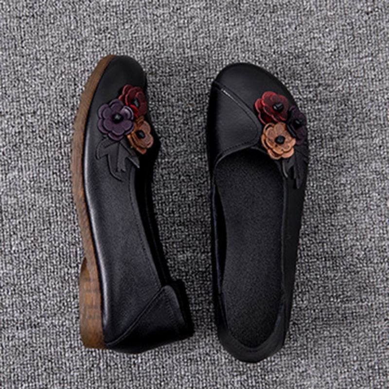 Kobiety Vintage Floral Okrągły Toe Prawdziwej Skóry Miękka Podeszwa Slip On Mieszkania