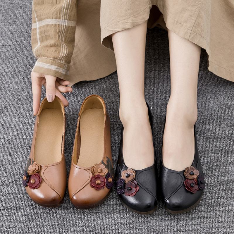 Kobiety Vintage Floral Okrągły Toe Prawdziwej Skóry Miękka Podeszwa Slip On Mieszkania