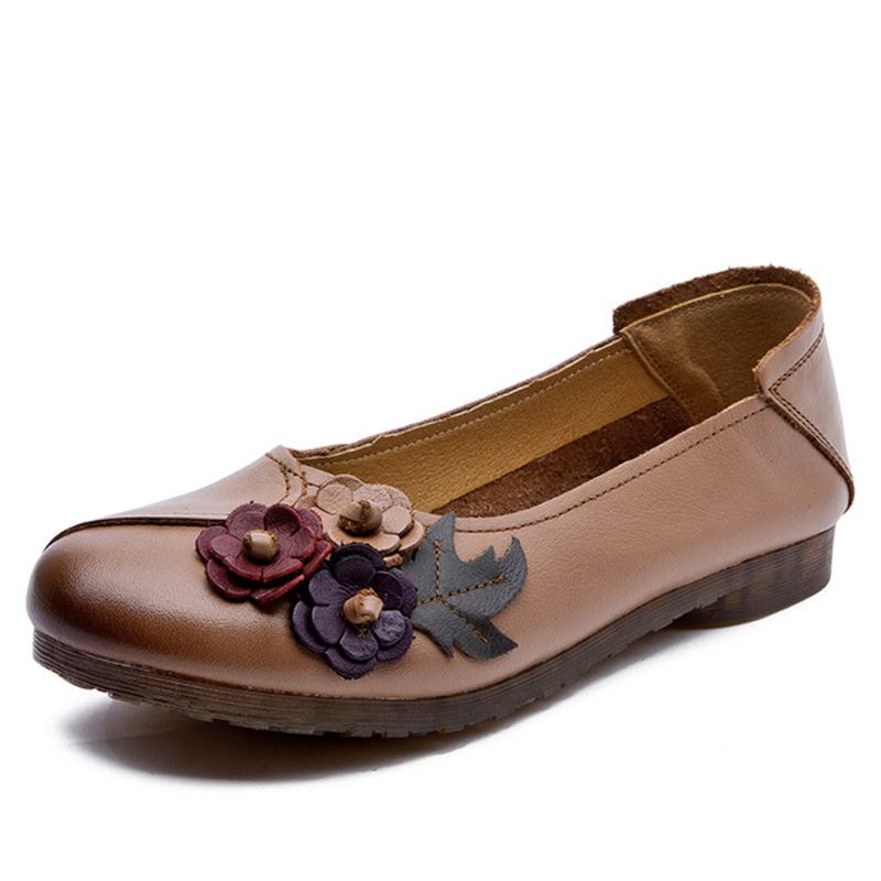 Kobiety Vintage Floral Okrągły Toe Prawdziwej Skóry Miękka Podeszwa Slip On Mieszkania