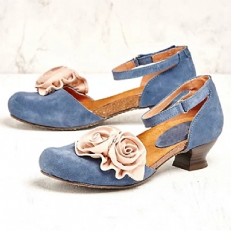 Kobiety Vintage Flower Decoration Okrągły Toe Ankle Strap Hook Loop Casual Obcasy CZółenka