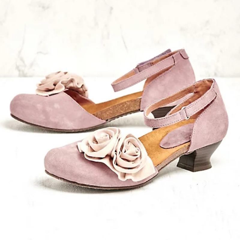 Kobiety Vintage Flower Decoration Okrągły Toe Ankle Strap Hook Loop Casual Obcasy CZółenka