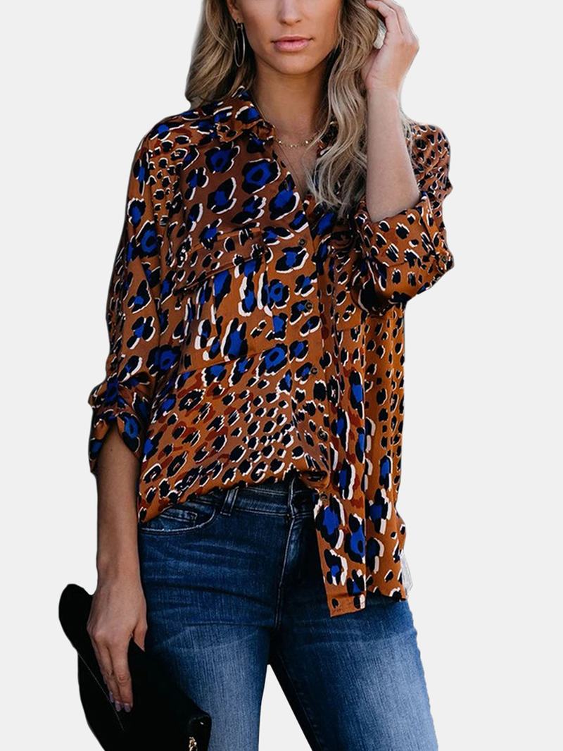 Kobiety Vintage Leopard Drukowanie Kieszenie Turn Dowm Collar Koszule Z Długim Rękawem