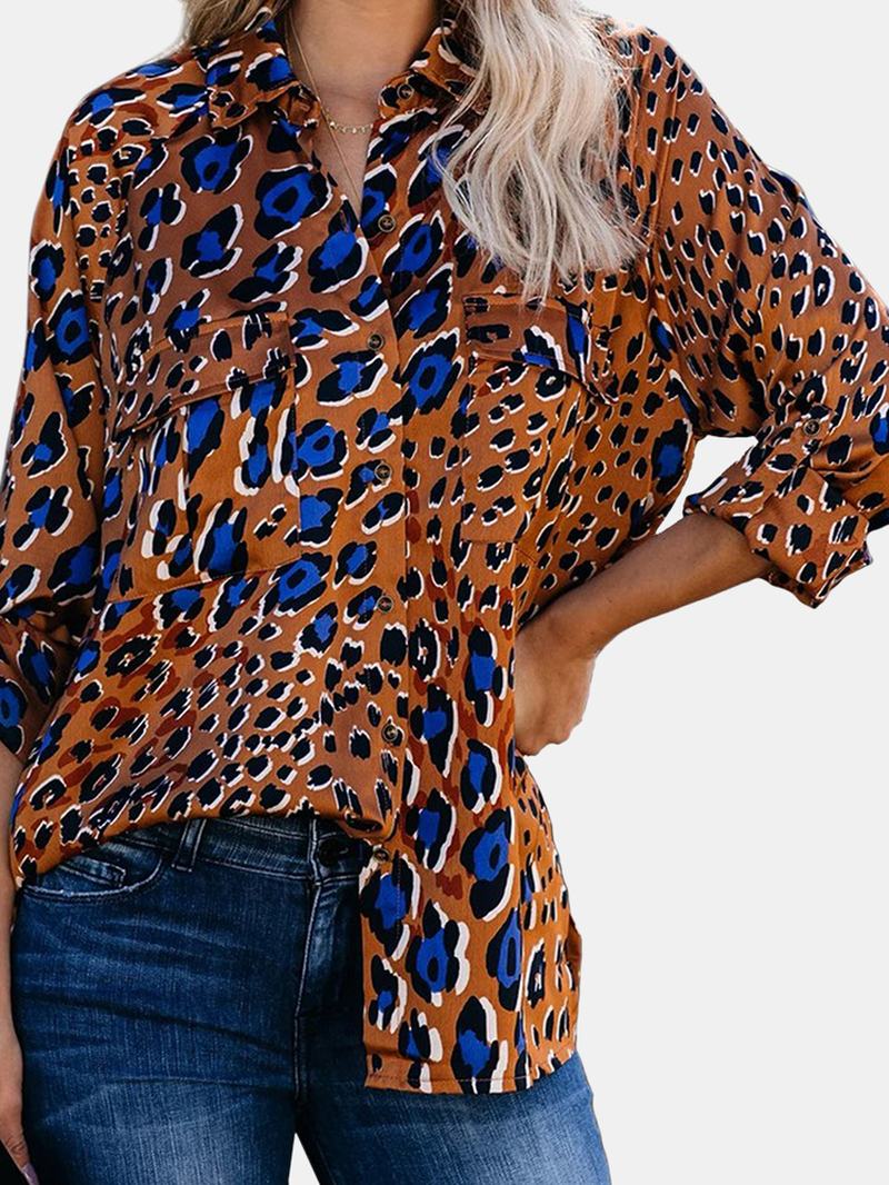 Kobiety Vintage Leopard Drukowanie Kieszenie Turn Dowm Collar Koszule Z Długim Rękawem