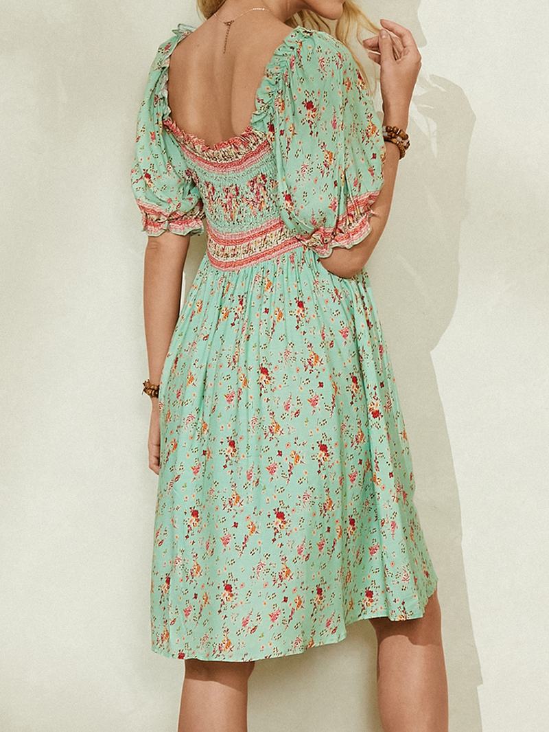 Kobiety W Kwiatowy Wzór Z Marszczonymi Detalami Pół Rękawa Sukienki Midi W Stylu Vintage