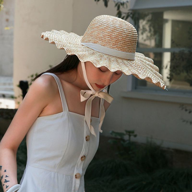 Kobiety Wild Brim Visor Wave Side Soft Lace Tie Sun Hat Casual Stylowy Okrągły Top Shell Wzór Słomkowy Kapelusz