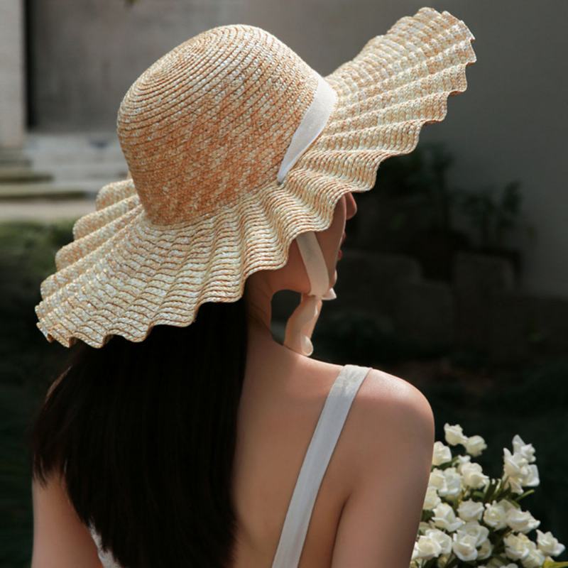 Kobiety Wild Brim Visor Wave Side Soft Lace Tie Sun Hat Casual Stylowy Okrągły Top Shell Wzór Słomkowy Kapelusz