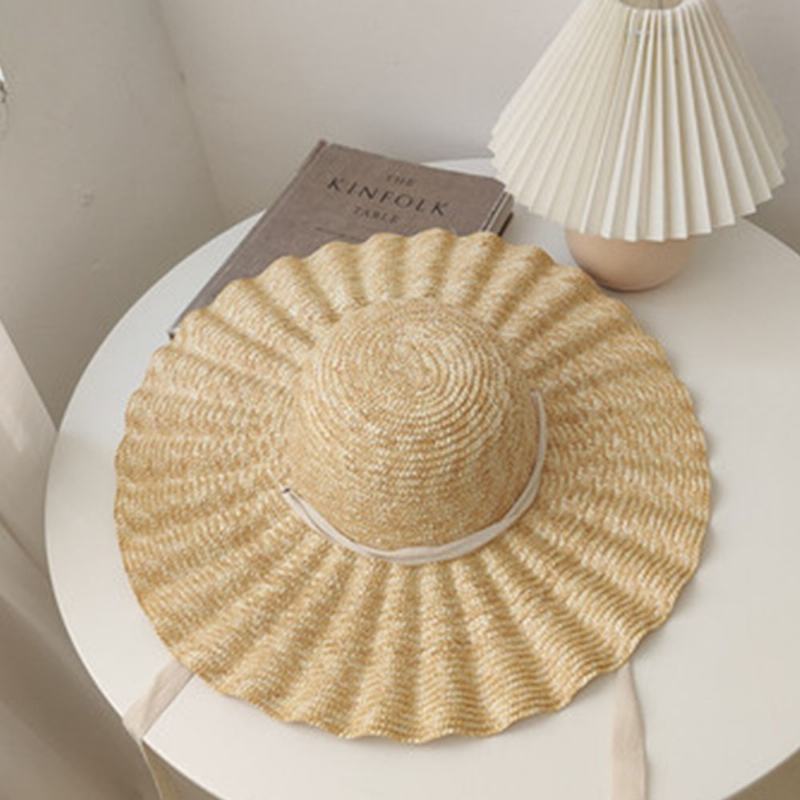 Kobiety Wild Brim Visor Wave Side Soft Lace Tie Sun Hat Casual Stylowy Okrągły Top Shell Wzór Słomkowy Kapelusz