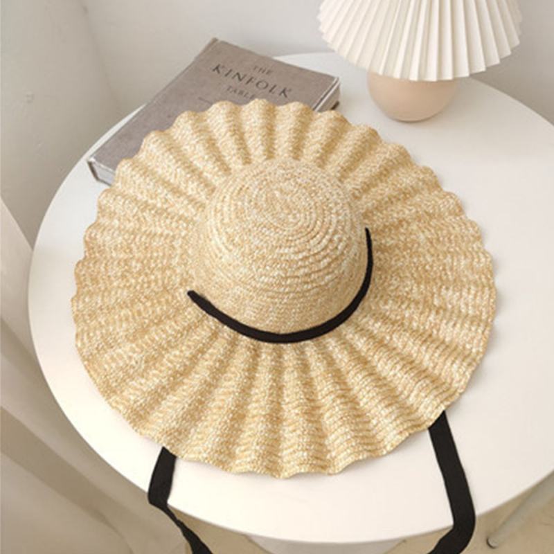 Kobiety Wild Brim Visor Wave Side Soft Lace Tie Sun Hat Casual Stylowy Okrągły Top Shell Wzór Słomkowy Kapelusz