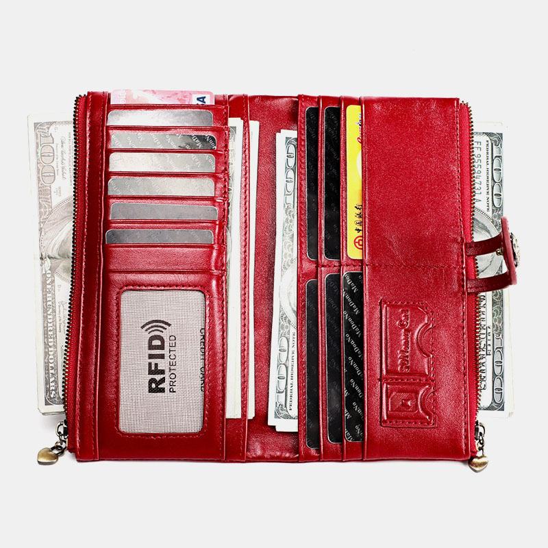 Kobiety Z Prawdziwej Skóry Antymagnetyczne Gniazda Z Wieloma Gniazdami 14 Miejsc Na Karty Zipper Bifold Long Wallet