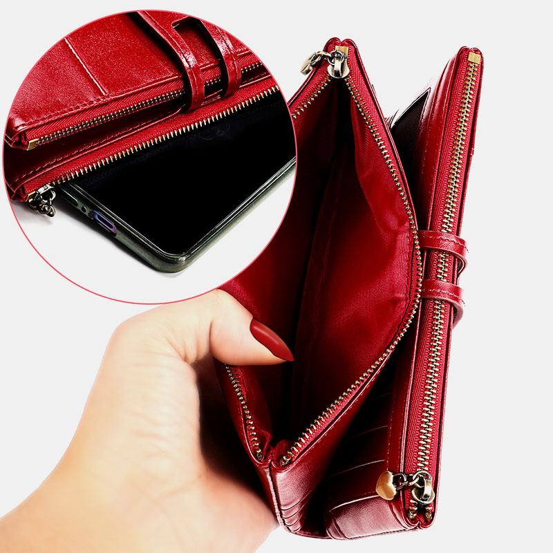 Kobiety Z Prawdziwej Skóry Antymagnetyczne Gniazda Z Wieloma Gniazdami 14 Miejsc Na Karty Zipper Bifold Long Wallet