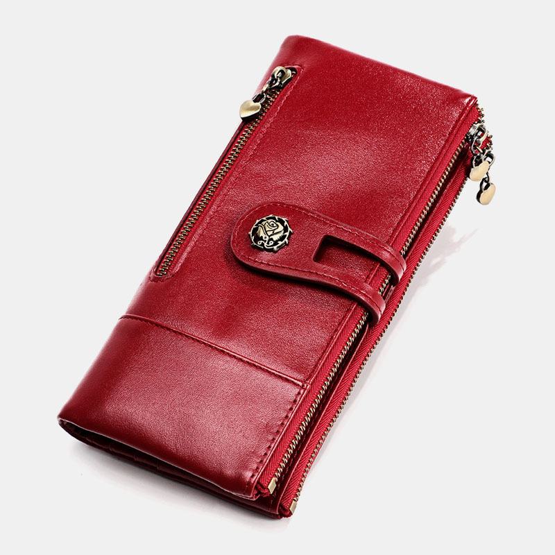 Kobiety Z Prawdziwej Skóry Antymagnetyczne Gniazda Z Wieloma Gniazdami 14 Miejsc Na Karty Zipper Bifold Long Wallet