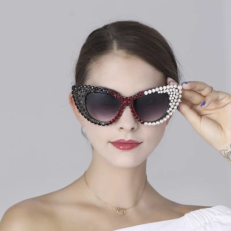 Kolor Perłowy Rhinestone Kot Eye Kobieca Osobowość Diamentowe Okulary Przeciwsłoneczne