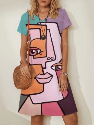 Kolorowe Abstrakcyjne Figury Z Dekoltem W Szpic Casualowe Sukienki Midi Z Krótkim Rękawem Dla Kobiet