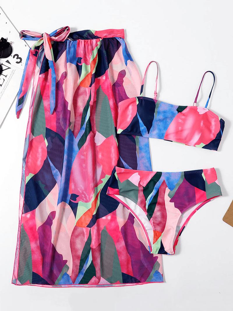 Kolorowy Abstrakcyjny Drukowany Spaghetti Bikini Kostium Kąpielowy Z Zakryciem Trzyczęściowe Zestawy