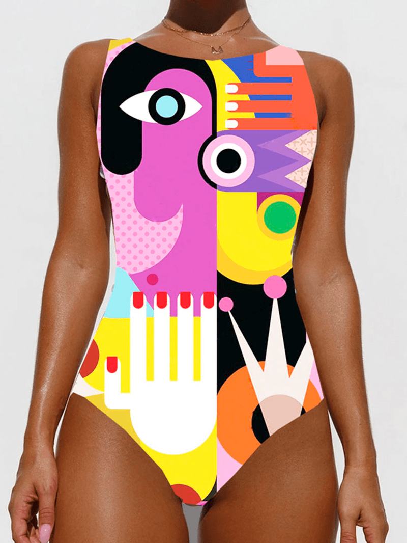 Kolorowy Abstrakcyjny Nadruk Figury Na Szyję Wyszczuplający Jednoczęściowy Strój Kąpielowy Dla Kobiet