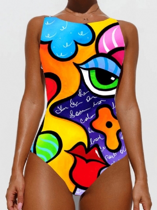 Kolorowy Abstrakcyjny Wzór Z Wysokim Dekoltem Wyszczuplający Jednoczęściowy Strój Kąpielowy Bez Rękawów Dla Kobiet