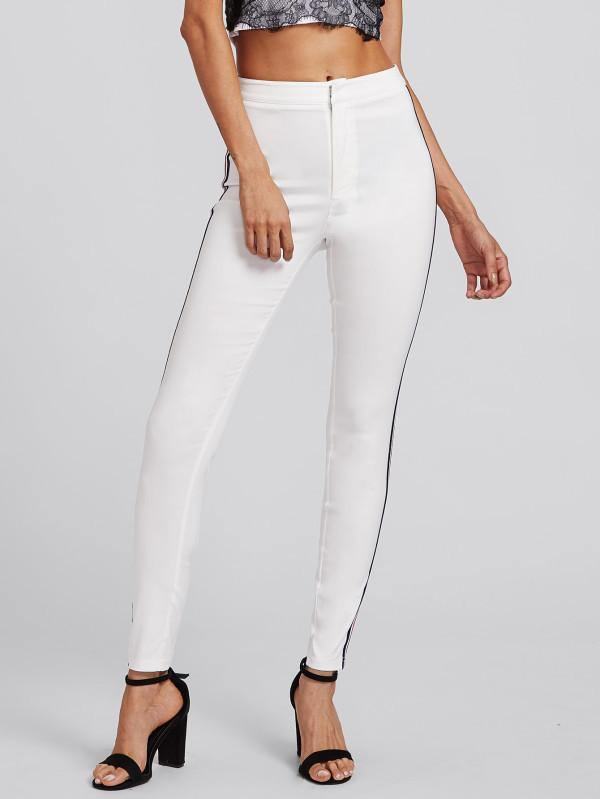 Kontrastowa Taśma Białe Obcisłe Dżinsy Przyciski Rekreacyjne Fly Elastyczne Długie Spodnie Jeansowe Damskie Streetwear Dżinsy Na Co Dzień
