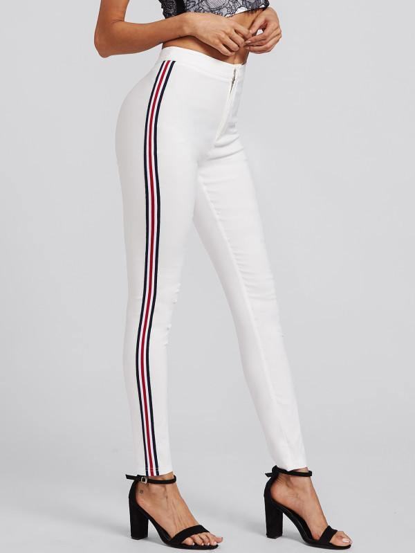 Kontrastowa Taśma Białe Obcisłe Dżinsy Przyciski Rekreacyjne Fly Elastyczne Długie Spodnie Jeansowe Damskie Streetwear Dżinsy Na Co Dzień