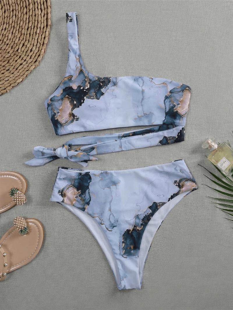 Kontrastowy Kolor Tie Dye Drukowanie Jedno Ramię Wiązane Bikini Z Wysokim Stanem Dla Kobiet