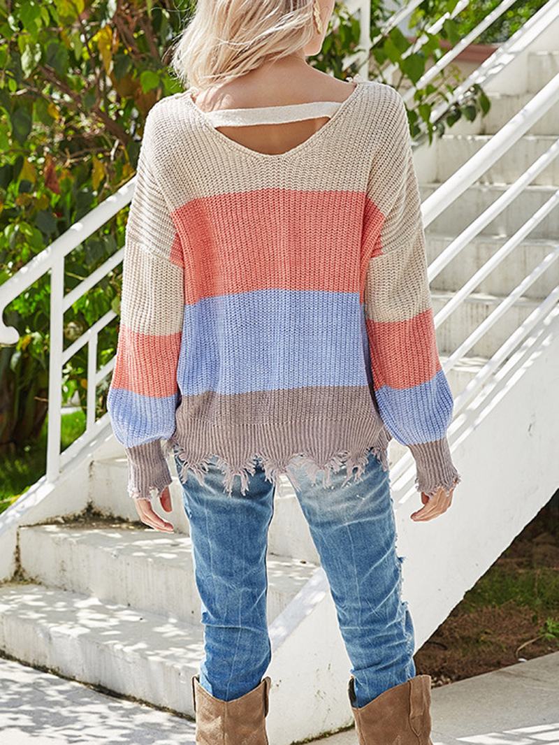 Kontrastowy Kolorowy Wzór W Paski Bez Pleców Surowy Sweter Z Dzianiny