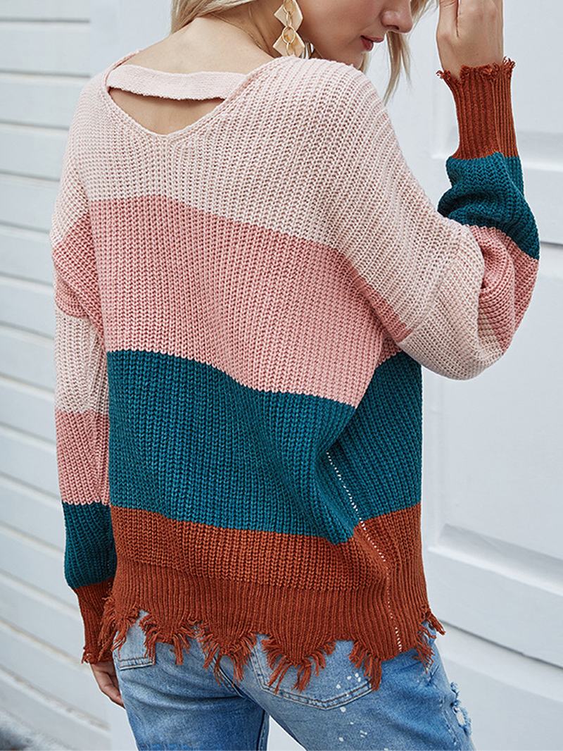 Kontrastowy Kolorowy Wzór W Paski Bez Pleców Surowy Sweter Z Dzianiny